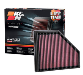 K&N front view of 33-3136 filter showing product and box, promotes easy upgrade