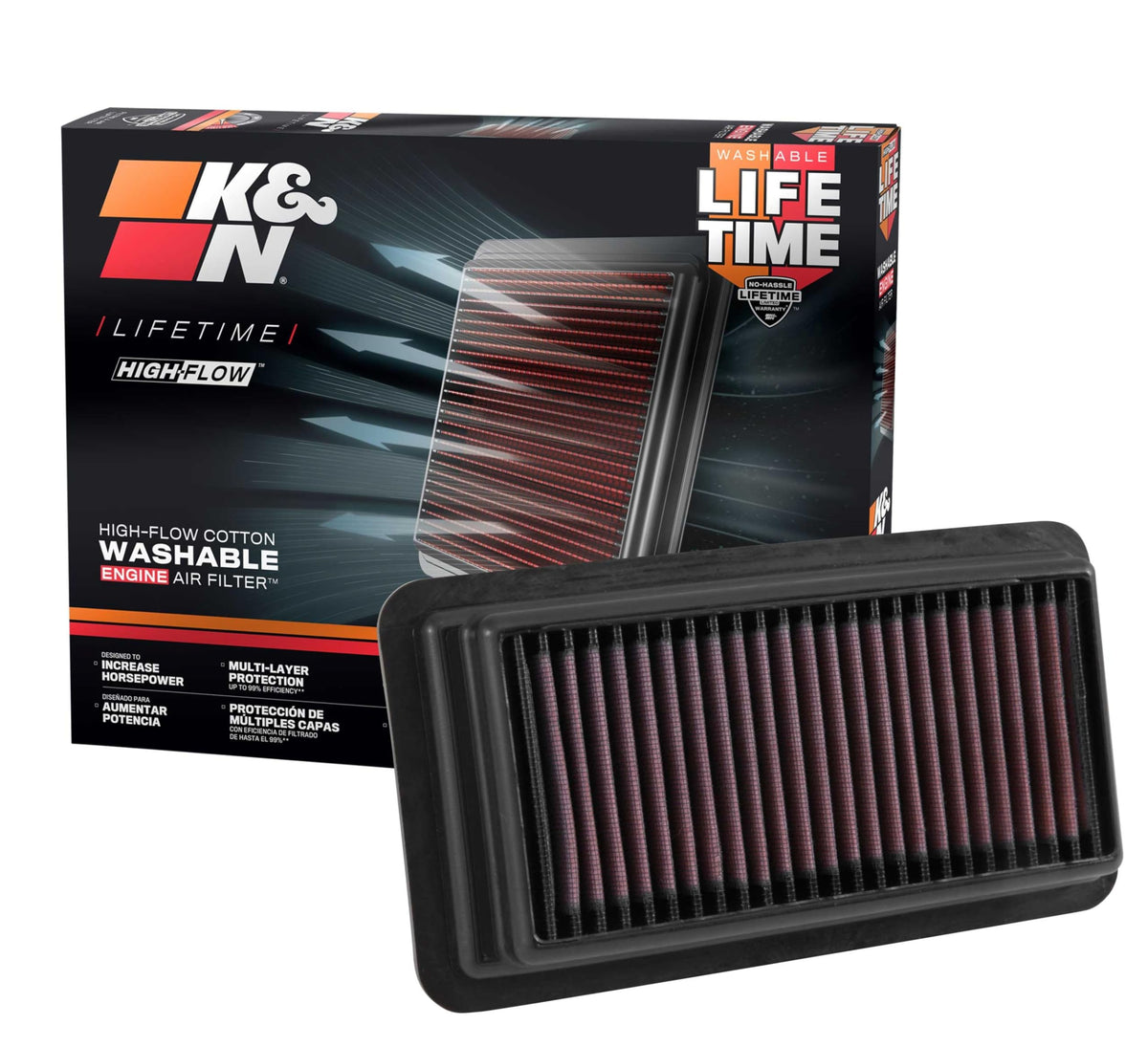 K&N front view of filter showing profile and quick airflow benefit