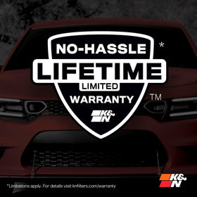 K&N filter with open car hood and mechanic, conveys quick-install convenience