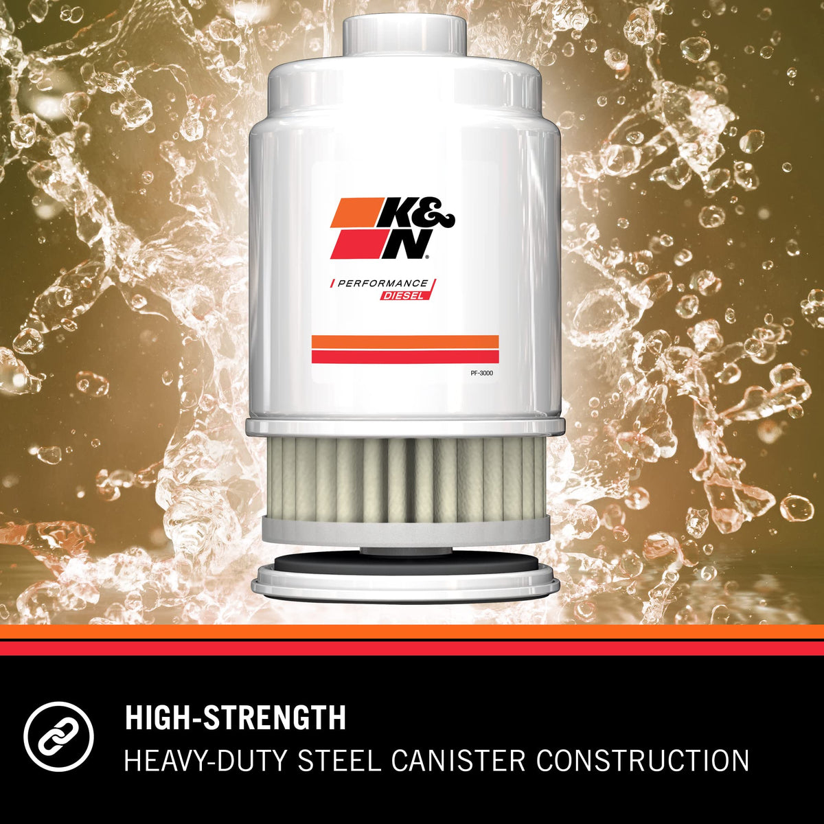 K&N steel canister texture highlighting heavy-duty construction for pressure resistance
