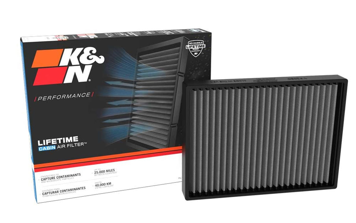 K&N VF2080 front packaging showing washable cabin filter benefit