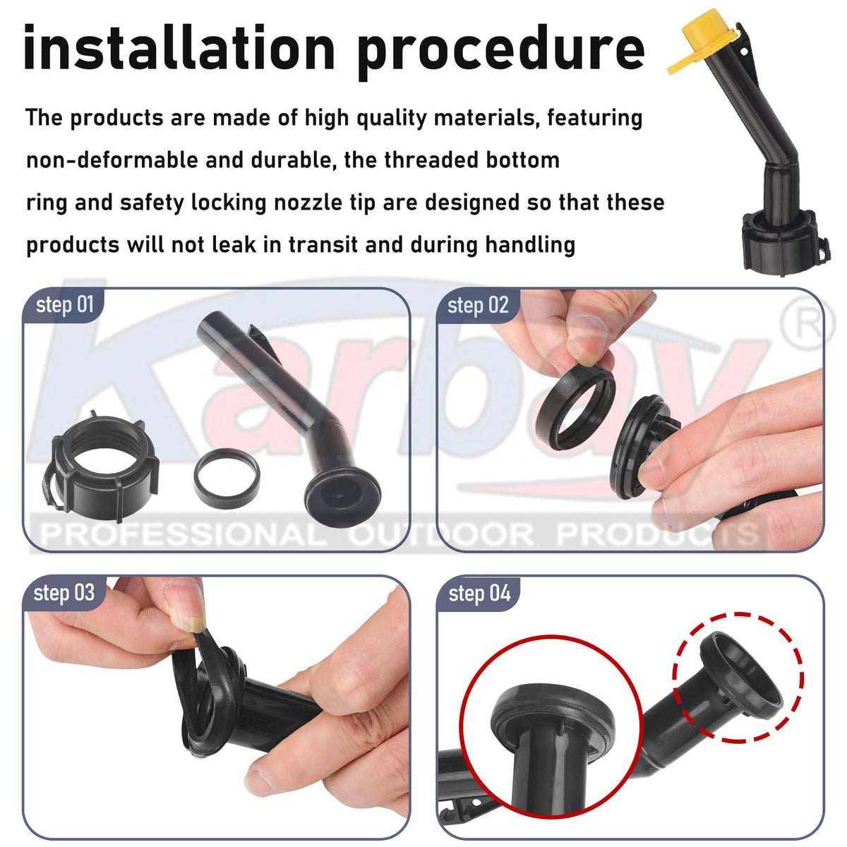 Karbay nozzle tip detail illustrating leak-resistant safety locking feature