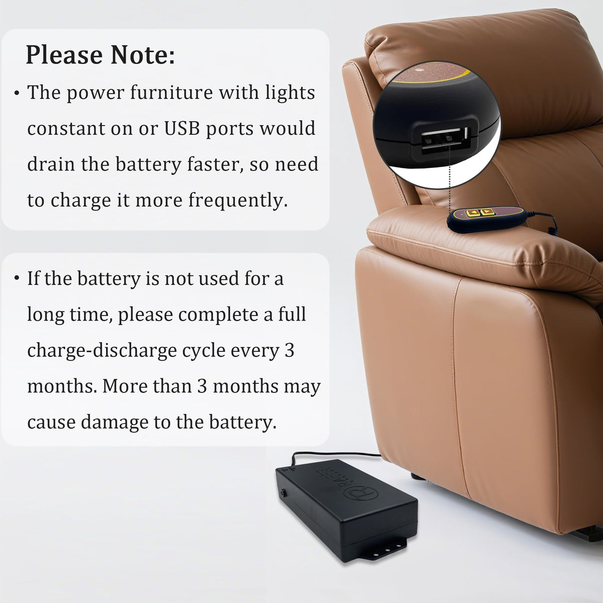 Kariwust battery installed under recliner showing cordless operation convenience