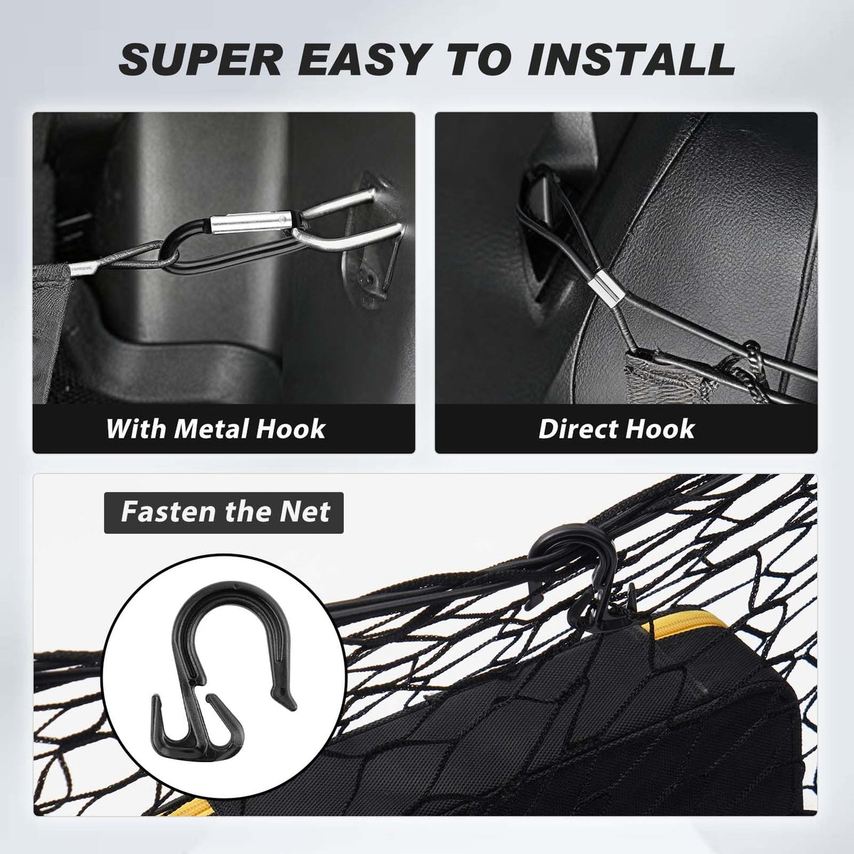 Karltys carabiners and plastic hooks hardware — secure trunk attachments