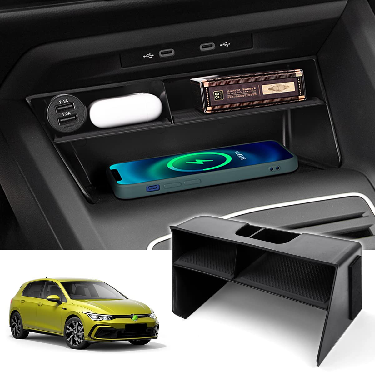 Karltys front view of center console organizer showing neat fit and quick access benefits