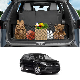 Karltys front view of cargo net packaging showing fit for Sorento, adds trunk organization