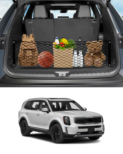 Karltys front packaging for Telluride cargo net shows complete kit and quick-install benefits