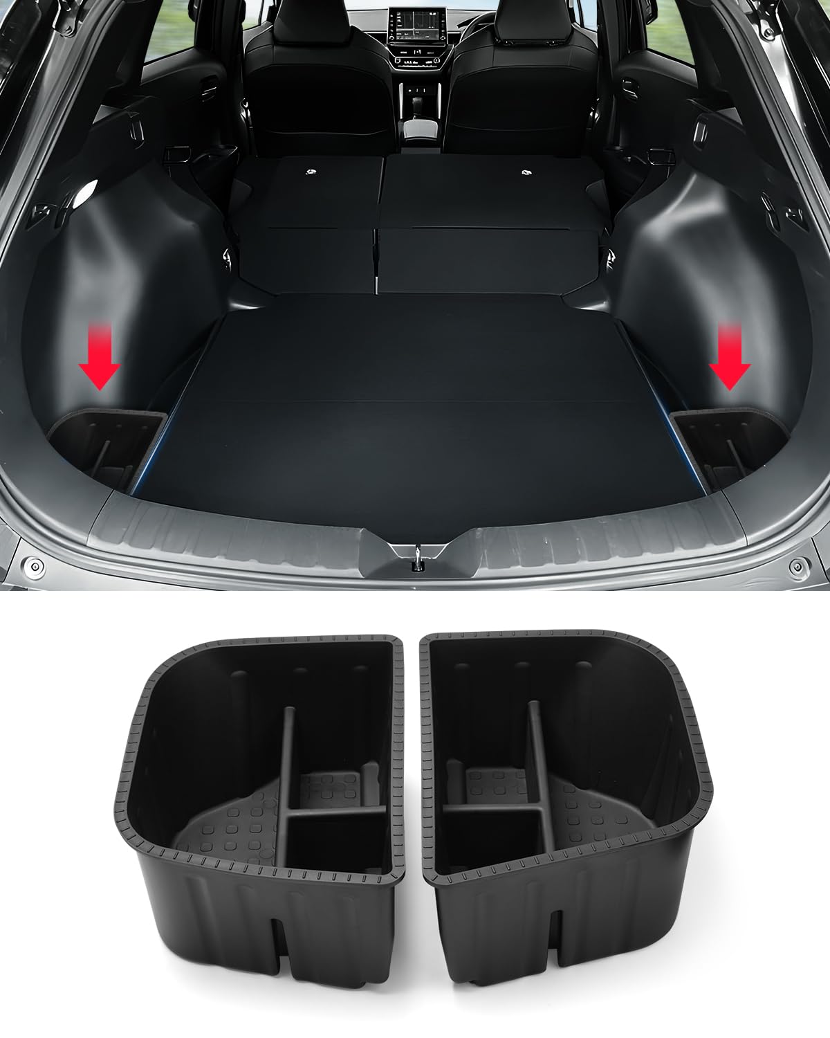 Karltys front view of both ABS trunk storage bins showing neat packaging and fit