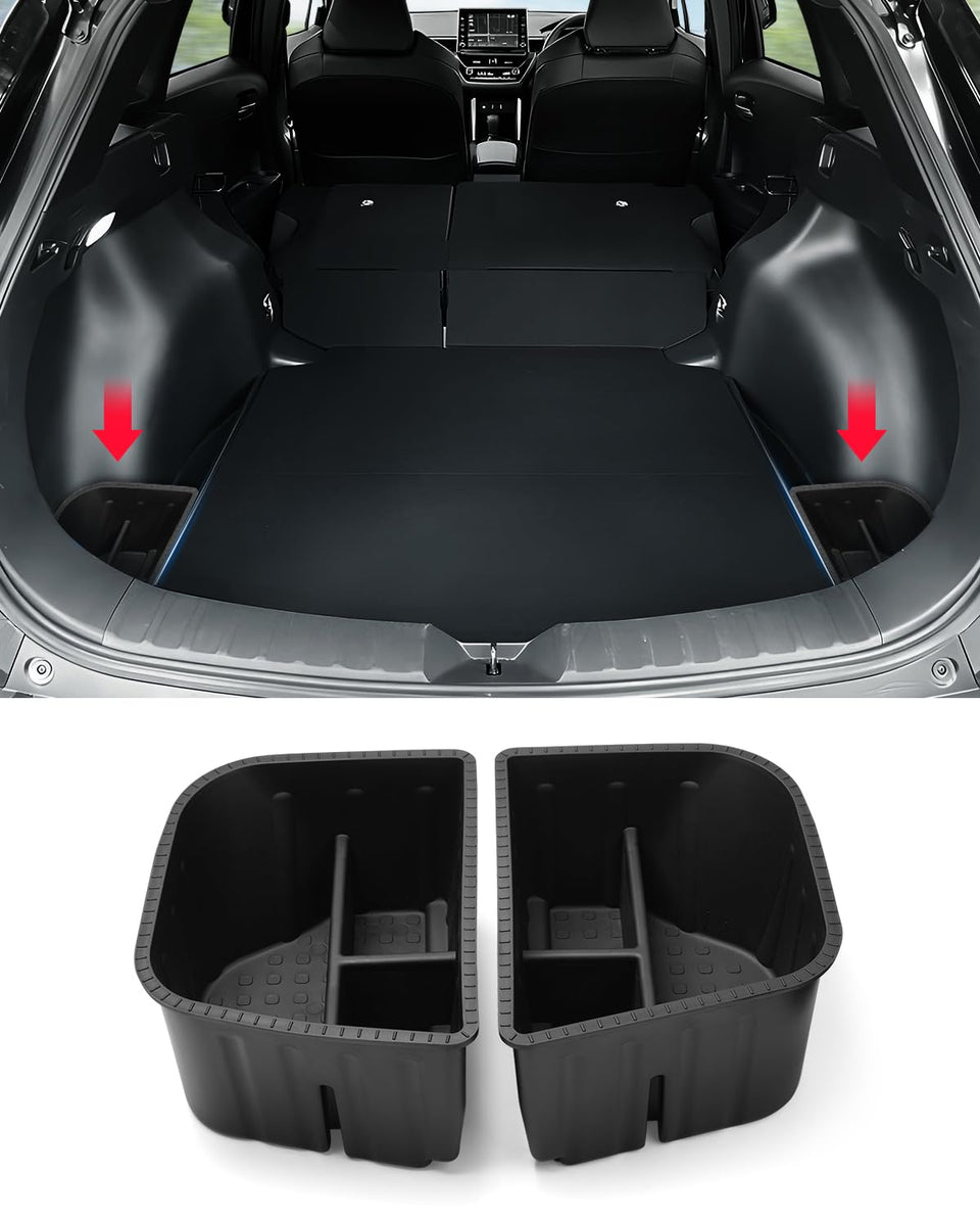 Karltys front view of both ABS trunk storage bins showing neat packaging and fit