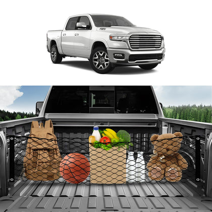 Karltys front view tailgate net showing secure fit and neat storage