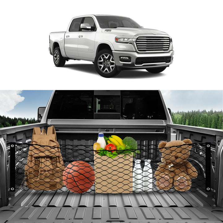 Karltys front view tailgate net showing secure fit and neat storage