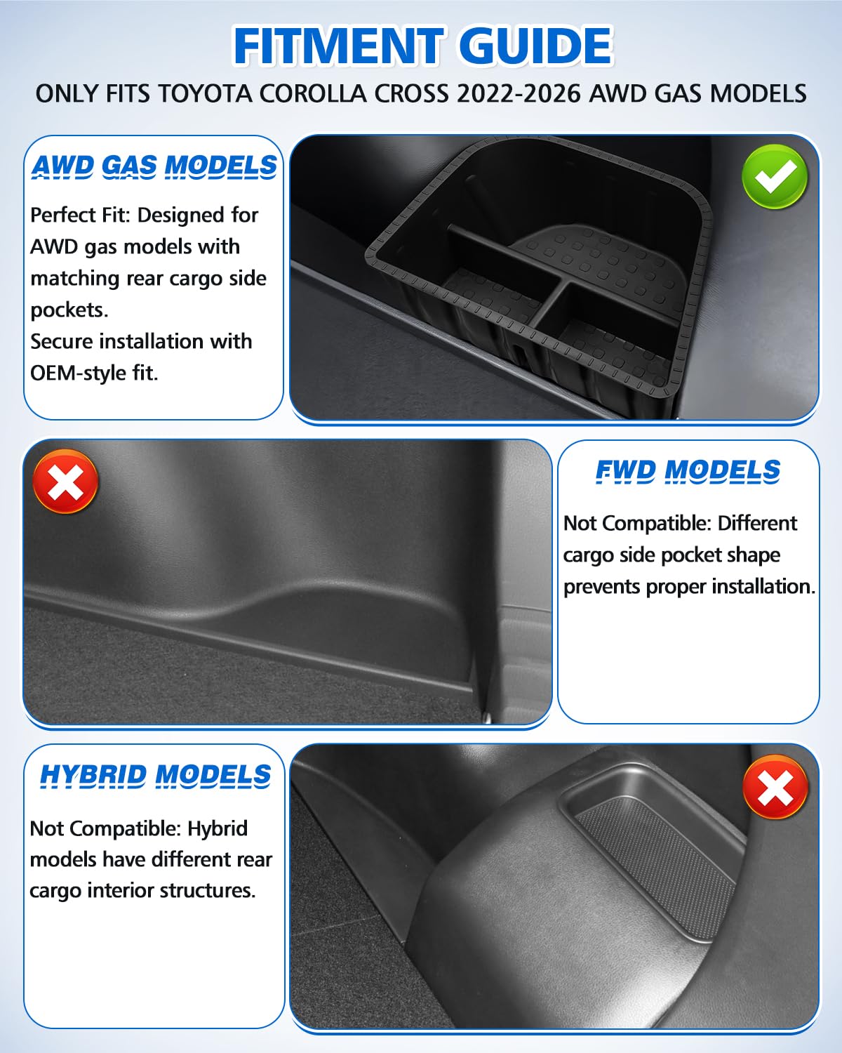 Karltys installed left-side trunk bin in Corolla Cross showing secure, rattle-free storage