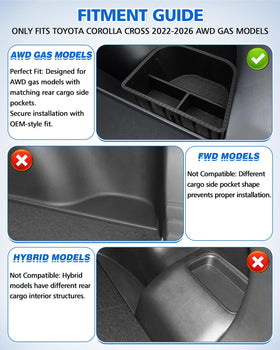 Karltys installed left-side trunk bin in Corolla Cross showing secure, rattle-free storage
