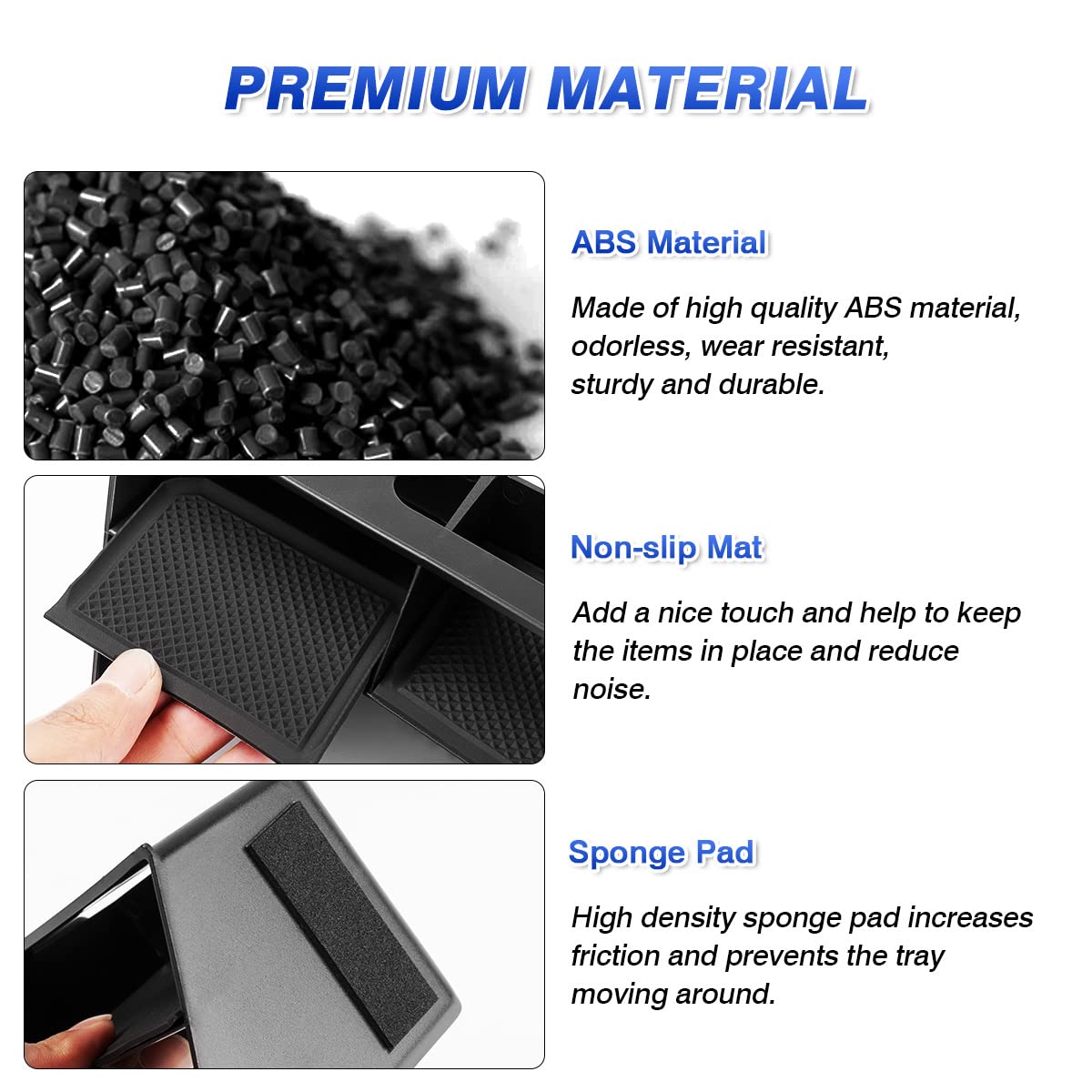 Karltys product label and ABS material detail showing durable, odorless construction benefits