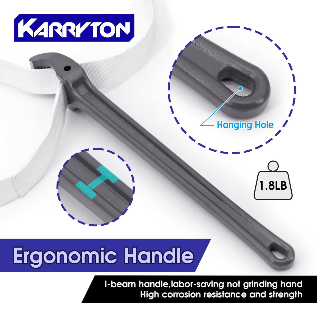 KARRYTON strap wrench next to ruler showing 48-inch reach benefit