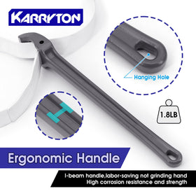 KARRYTON strap wrench next to ruler showing 48-inch reach benefit