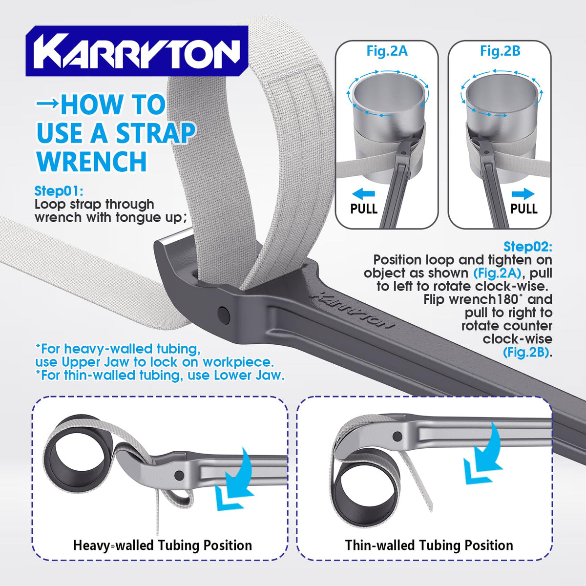 KARRYTON strap wrapped on polished pipe protecting finish and grip