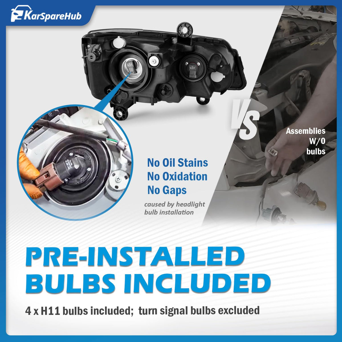 KarSpareHub headlight with included low and high beam bulbs installed for correct beam pattern