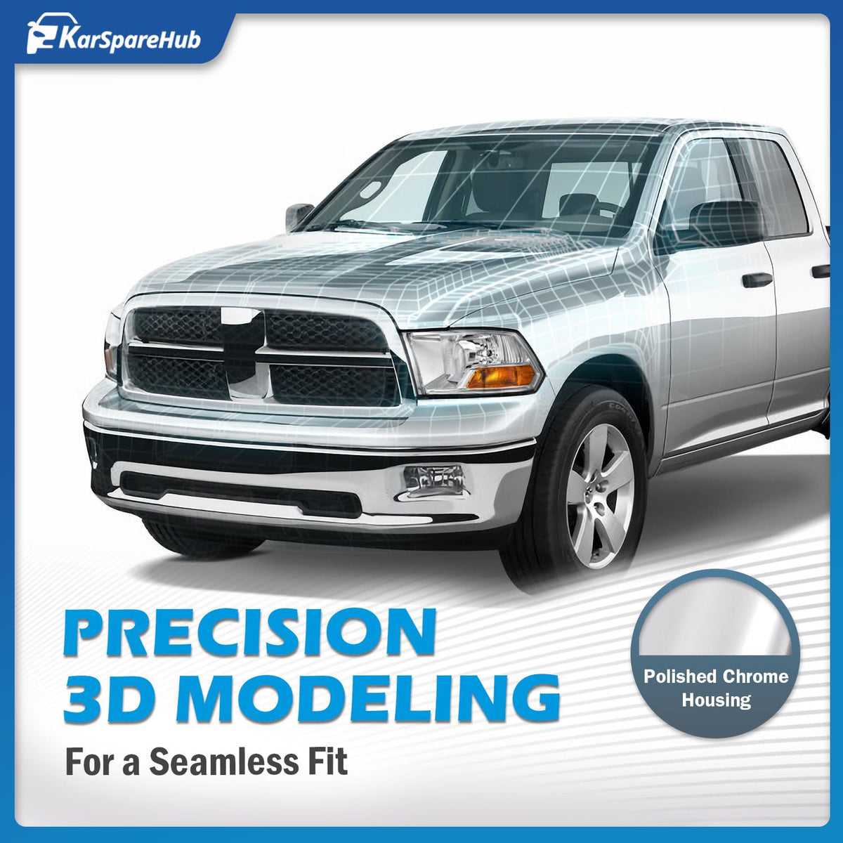 KarSpareHub installed on Dodge Ram front, demonstrates direct-fit replacement benefit