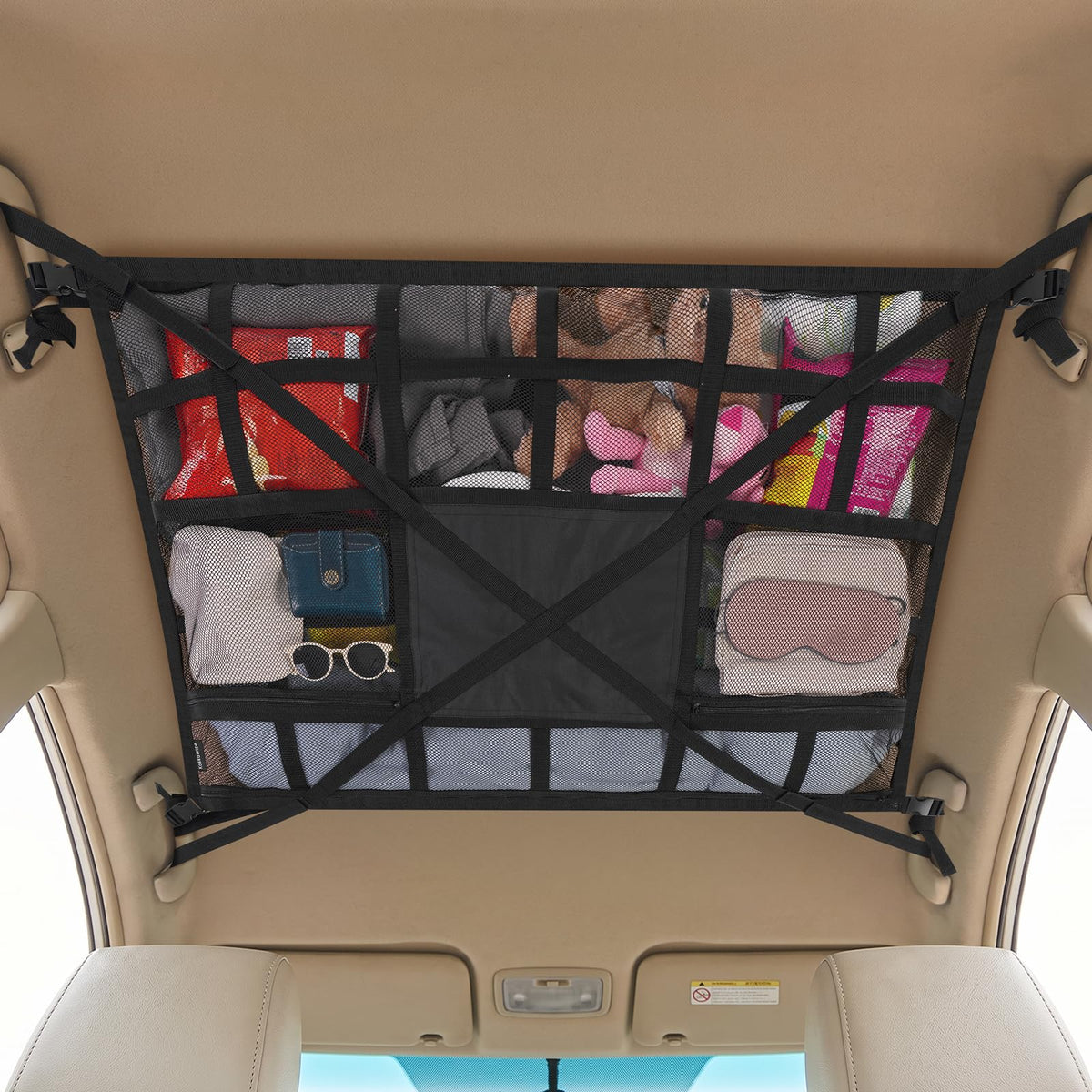 kaskawise front view of ceiling net showing full fit and compact storage benefit