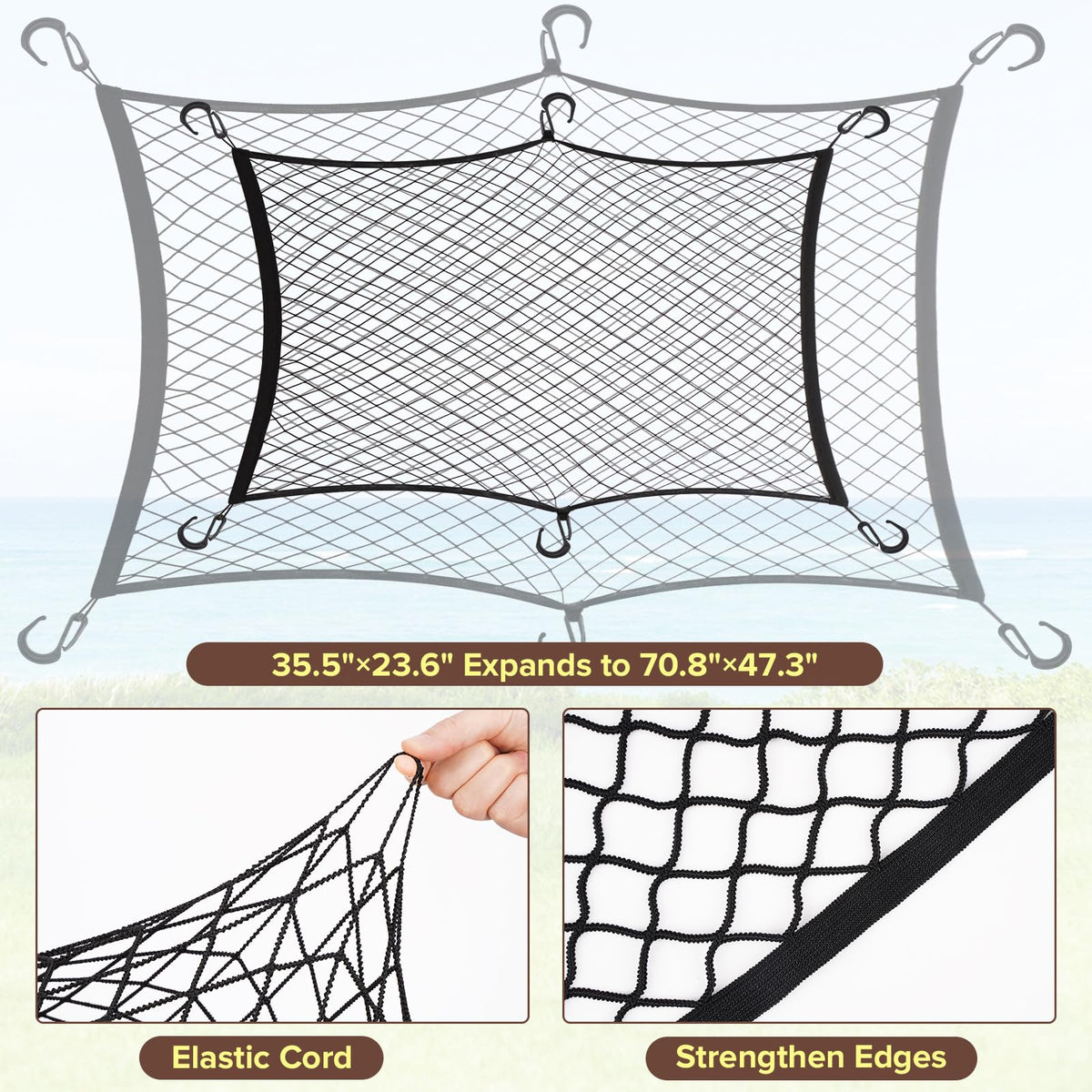 Kaskawise net stretched over a beach cart keeping towels and toys secure