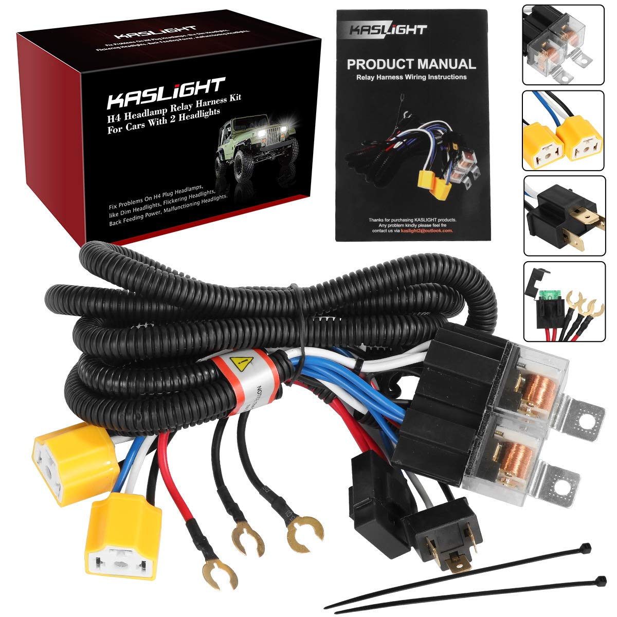 KASLIGHT front view of H4 harness showing connectors and benefit of stable power