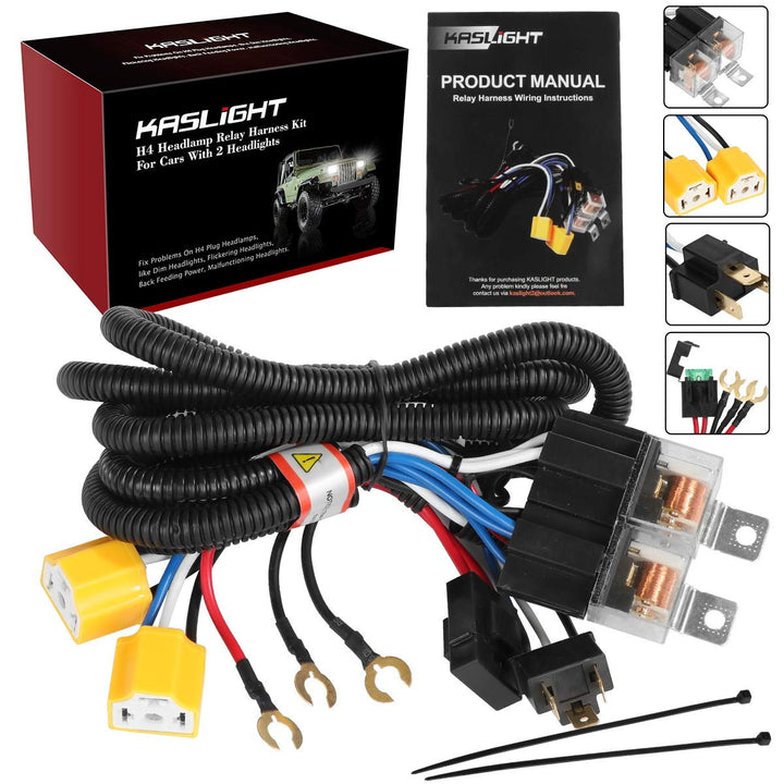 KASLIGHT front view of H4 harness showing connectors and benefit of stable power