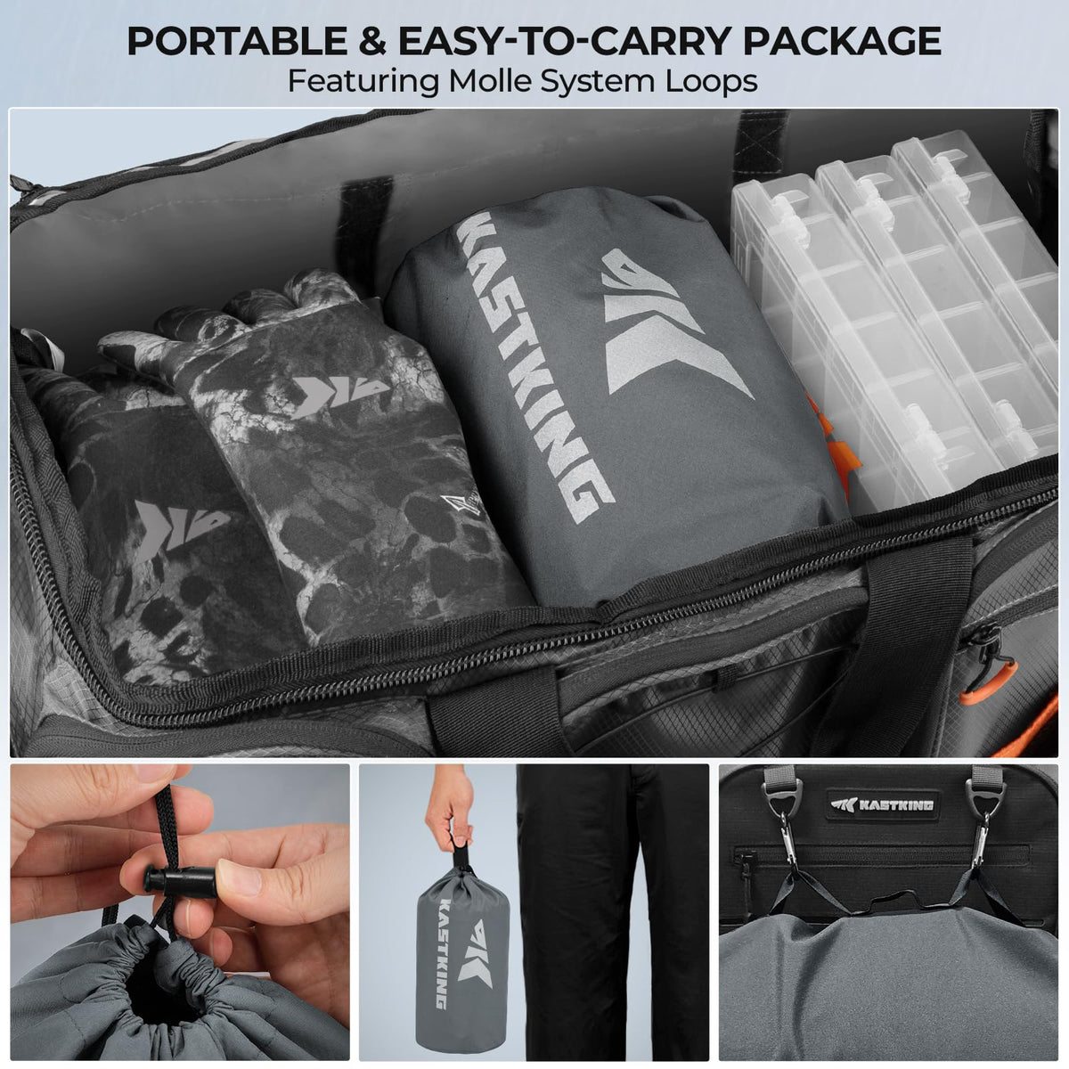 KastKing MOLLE-style storage packed and organized for travel convenience