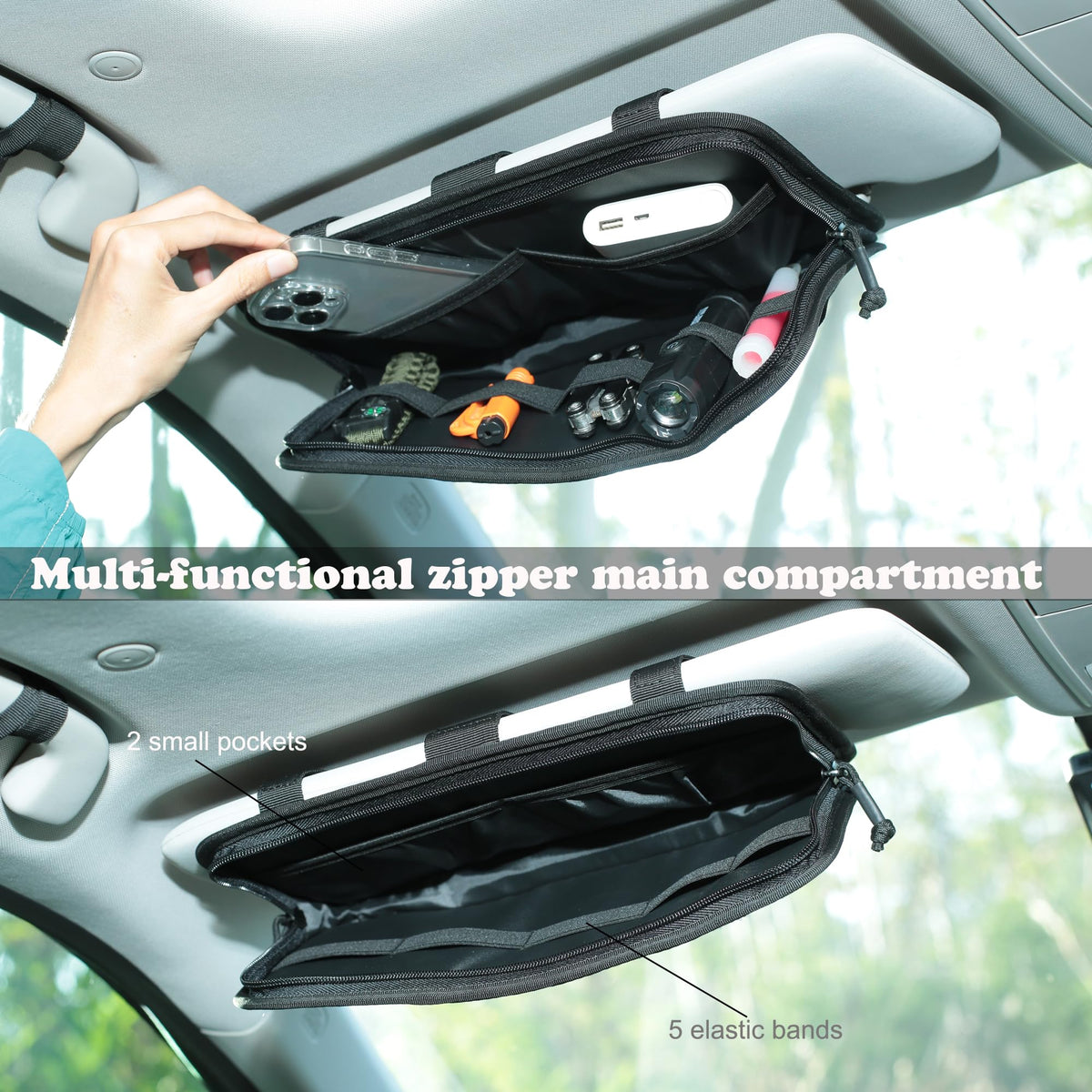 Katadem installed on car visor showing quick-access organization benefit