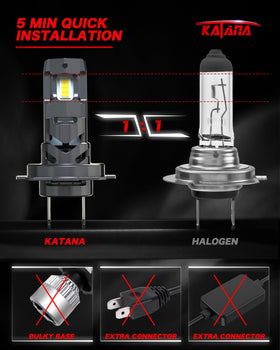 Katana H7 bulb installed in headlight illustrating easy 1:1 replacement advantage