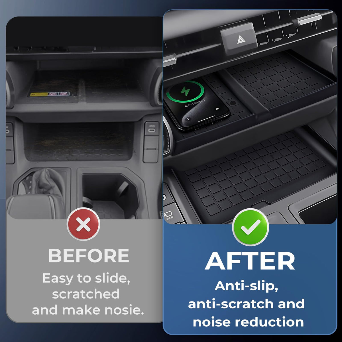 Katorn console mat installed in 2026 RAV4 showing anti-slip benefit