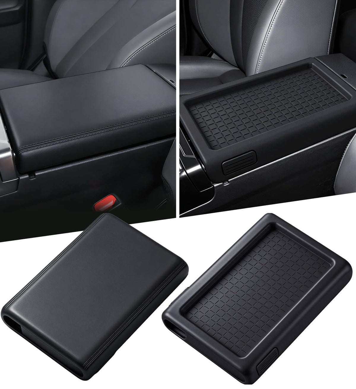 Katorn front view of console cover showing sleek black finish and fit benefit