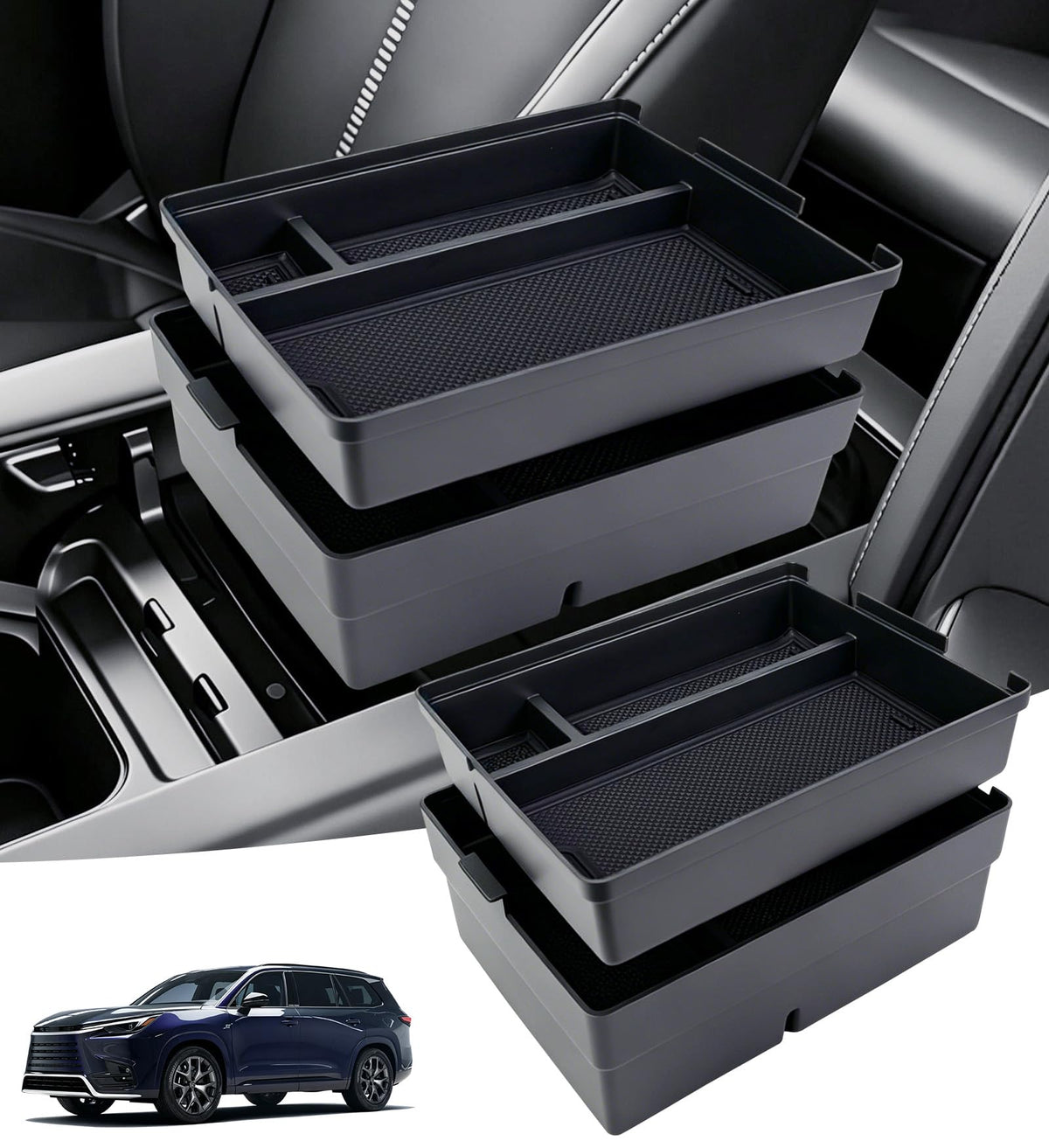 Katorn front view of console insert showing clean fit and improved storage