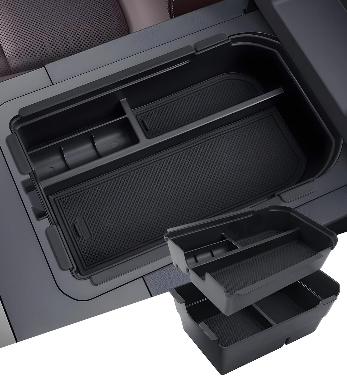 Katorn front view of console organizer showing clean layout and quick access benefit