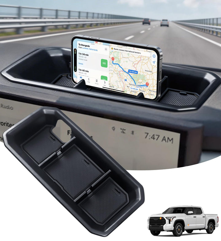 Katorn front view dash tray showing sleek profile and tidy storage benefit