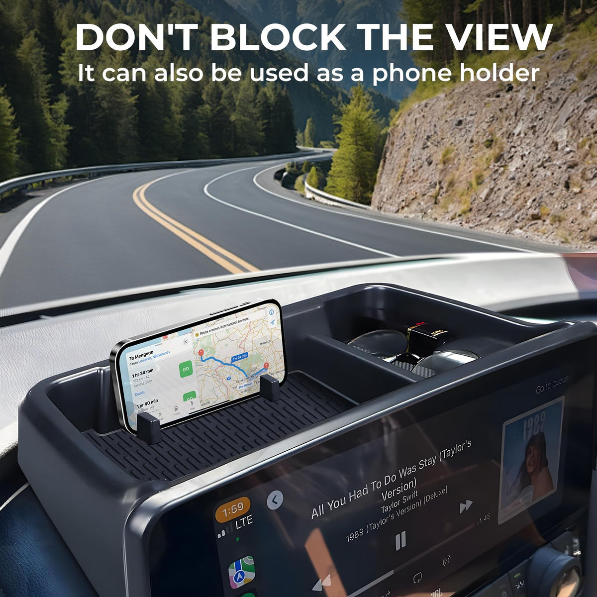 Katorn tray holding phone and sunglasses for easy access and clutter reduction