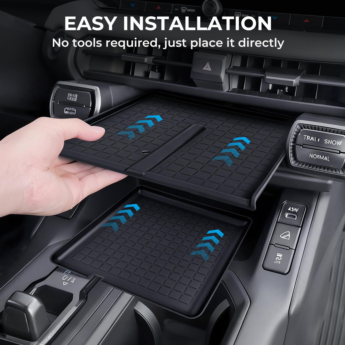 Katorn hands installing mat showing easy tool-free placement benefit