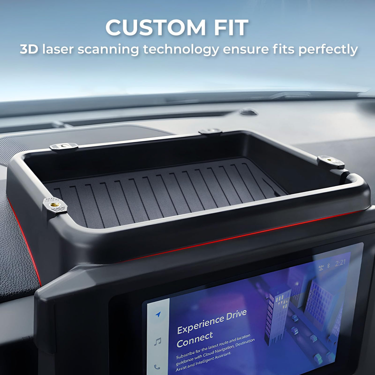 Katorn side profile fit behind 8-inch screen demonstrating precise contour