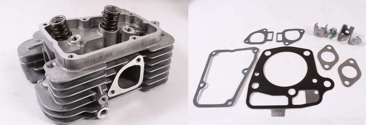 Kawasaki cylinder head kit front view showing assembled head and benefits of OEM fit