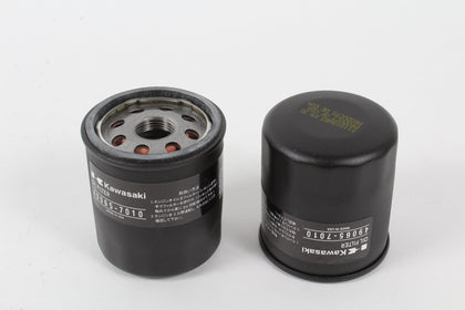 Kawasaki oil filter front view showing label and part number for accurate fit