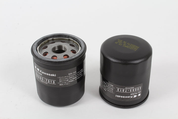Kawasaki oil filter front view showing label and part number for accurate fit