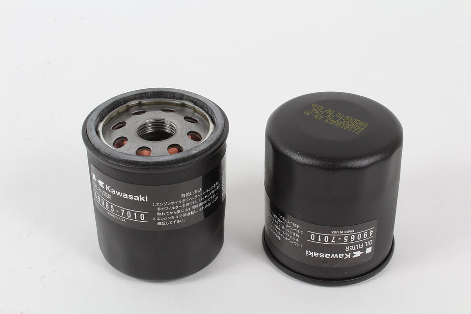 Kawasaki oil filter front view showing label and part number for accurate fit