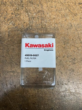 Kawasaki fuel filter front packaging showing genuine part and benefits