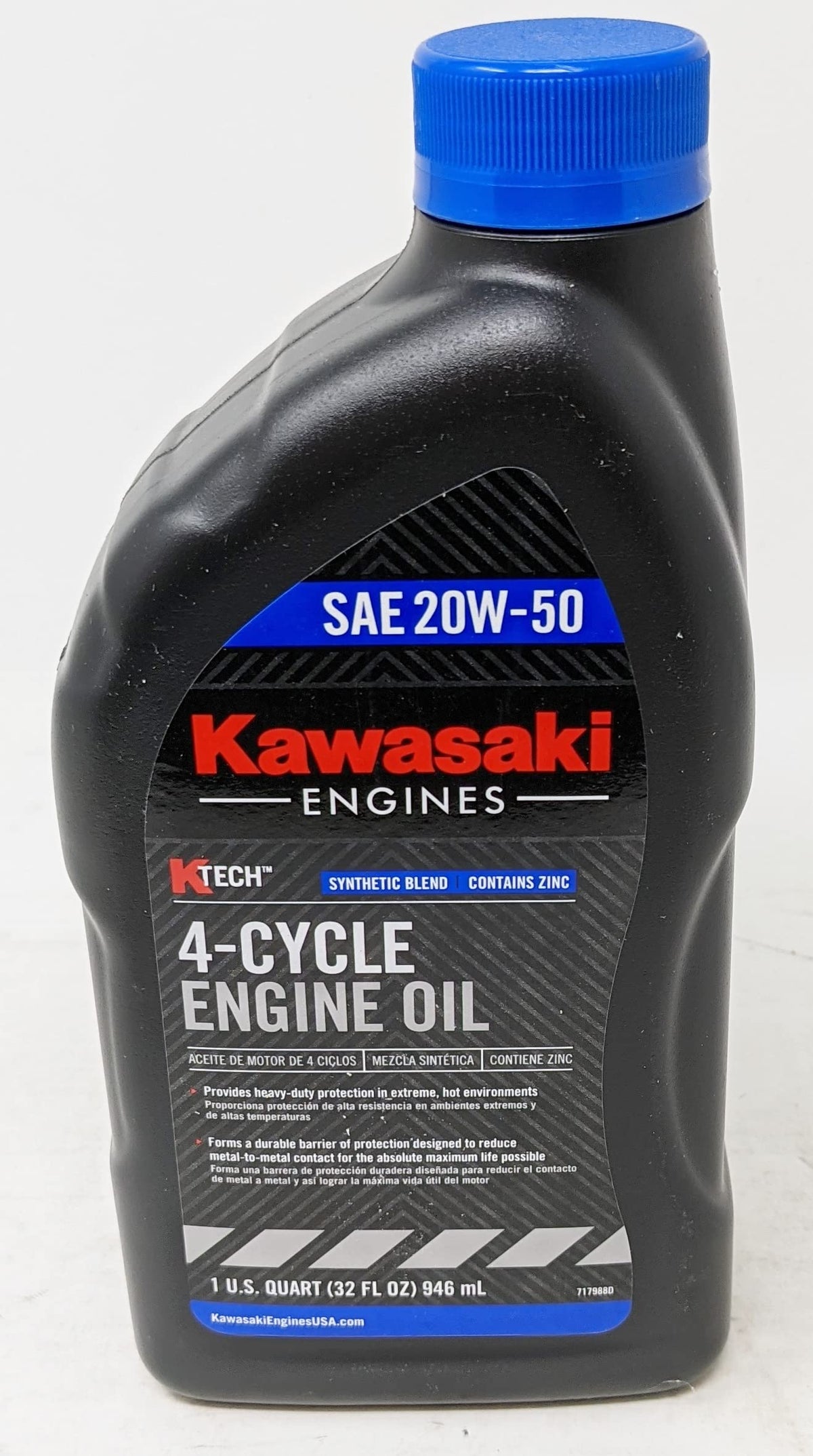 close-up of Kawasaki K-Tech bottle label highlighting oil grade and benefits