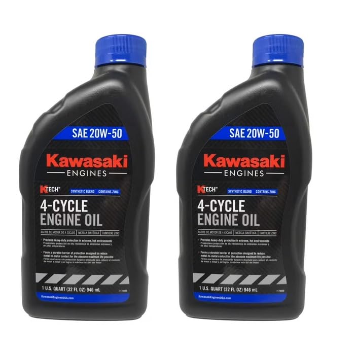Kawasaki Engines K‑Tech front packaging showing 2‑quart bottle and clear branding for correct oil choice