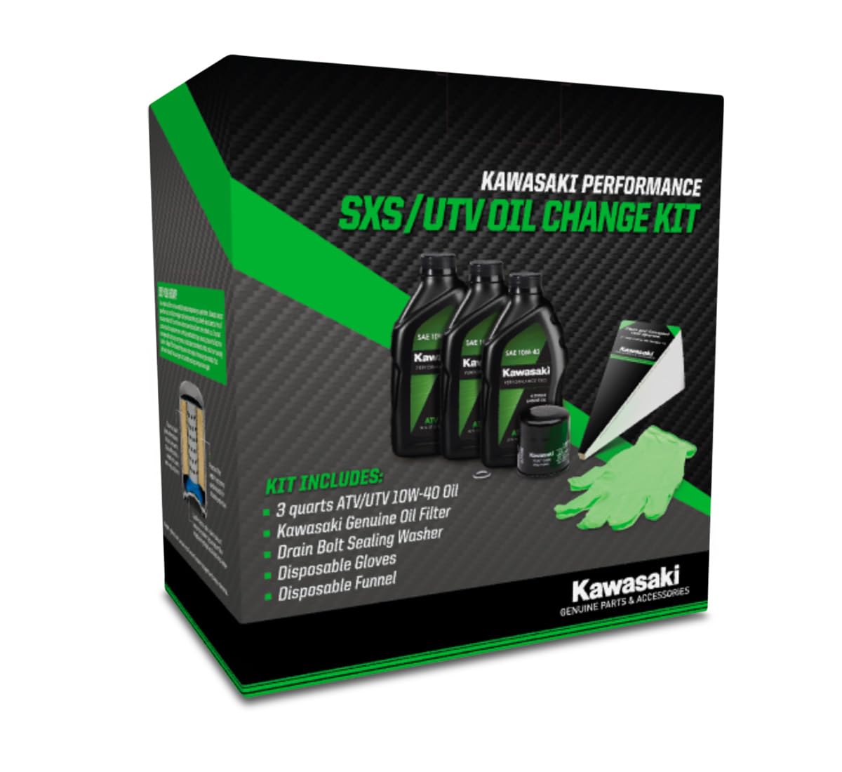 Kawasaki oil change kit front packaging showing contents and fitment details for quick identification and correct purchase