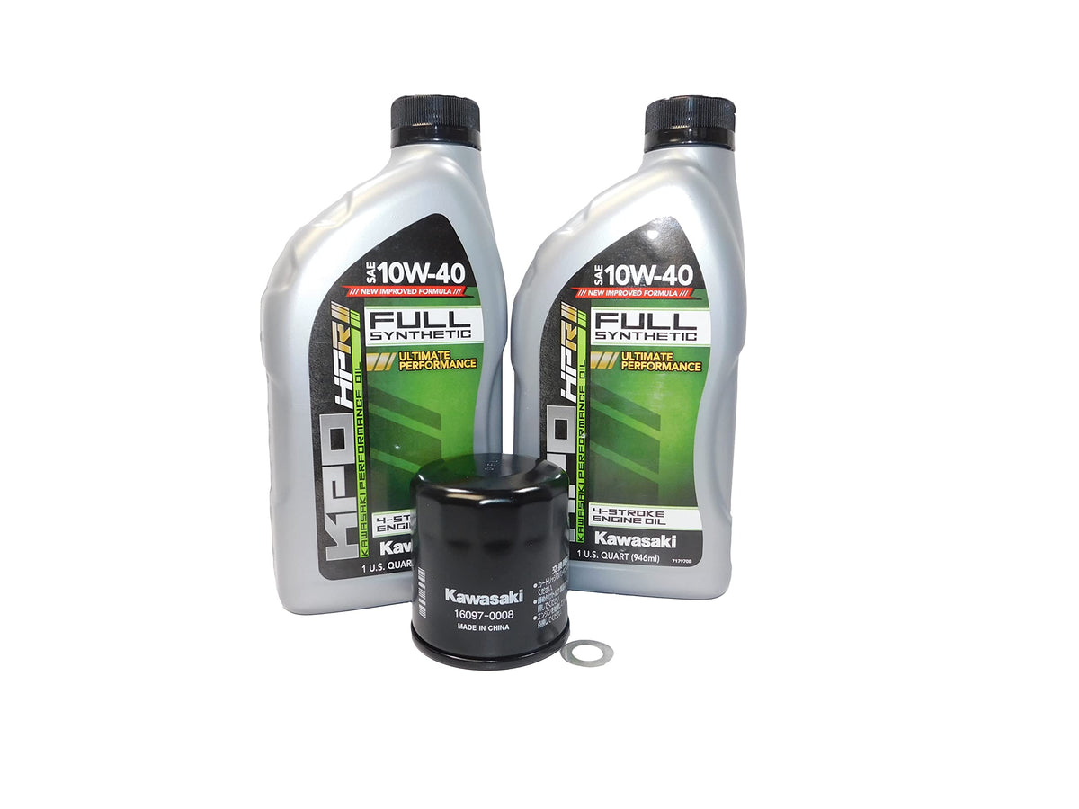 Kawasaki OEM oil kit front view showing bottles and filter for quick correct maintenance