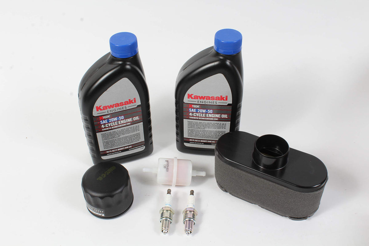 Close-up of Kawasaki 20W-50 oil and filters highlighting quality KTech oil and genuine OEM filtration for engine protection