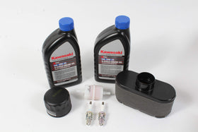 Close-up of Kawasaki 20W-50 oil and filters highlighting quality KTech oil and genuine OEM filtration for engine protection
