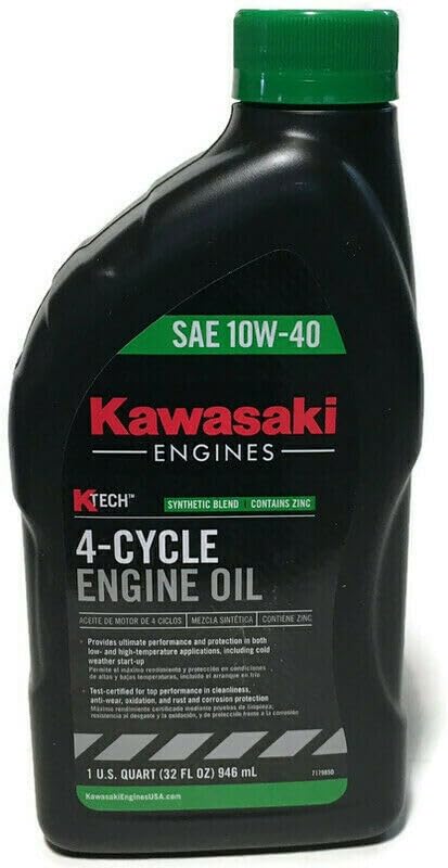 Kawasaki 10W-40 oil bottle closeup showing oil grade and protects engine components
